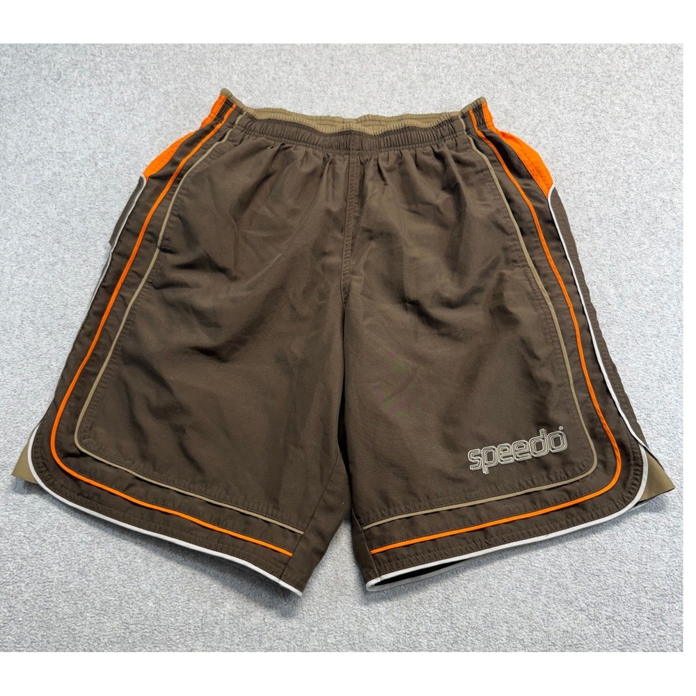 Speedo Mens S Brown Orange Swim Trunks Board Shorts Mesh Lined Sporty Retro